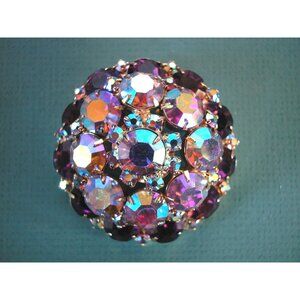Vintage Unmarked Purple Rhinestone Triple Circle Brooch Aurora Borealis.